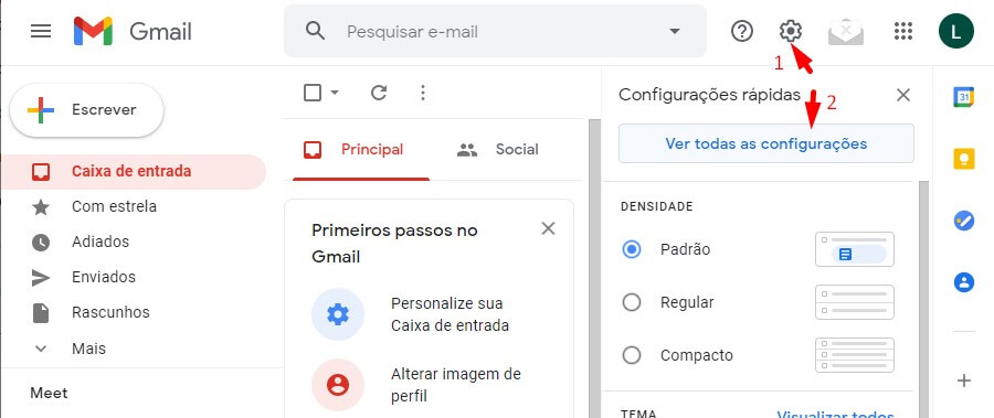 Menu de Configurações do Gmail Menu de Configurações do Gmail