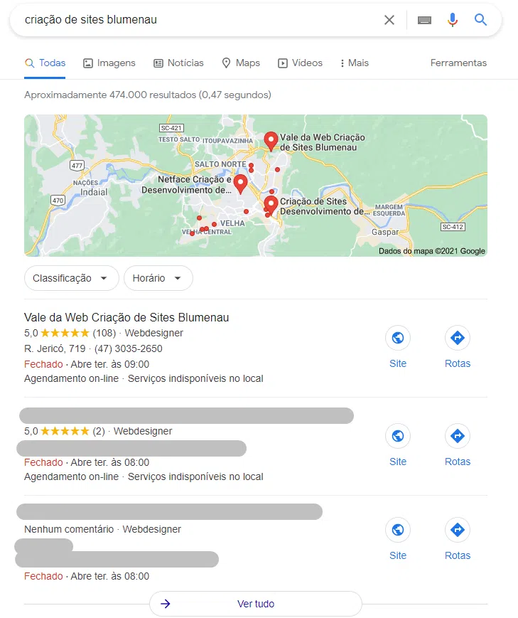 Porque minha empresa não aparece no Google meu Negócio? 3 busca google exibindo 3 locais no mapa