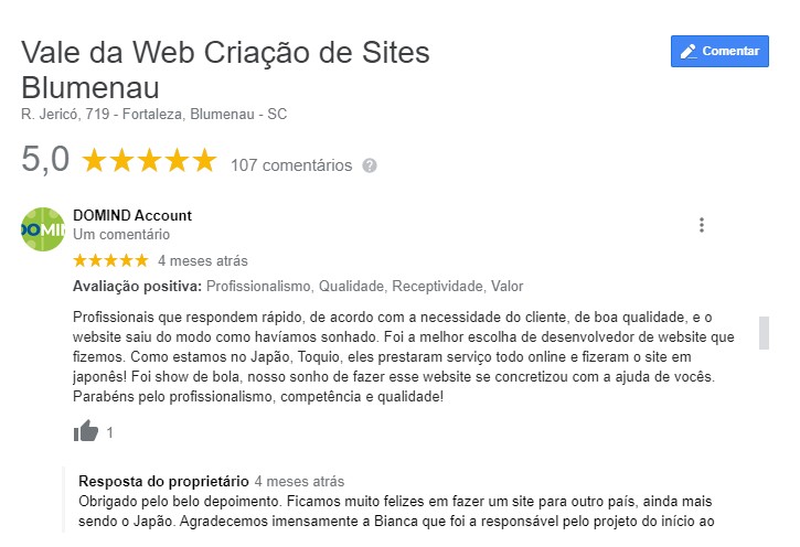 Exemplo de avaliação excelente recebida no Google meu Negócio