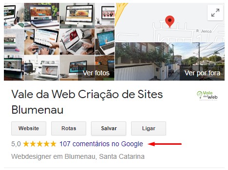 Ficha do Google meu Negócio da Vale da Web - Mostrando Avaliações