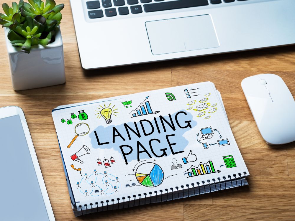 Bloco de anotações com desenhos de estratégias digitais e o título "Landing Page", representando conceitos essenciais de como fazer landing pages eficazes para conversão.