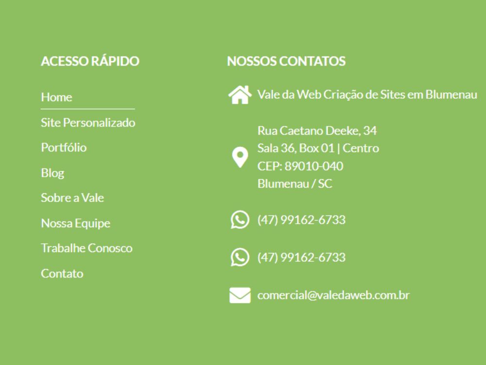 Rodapé de site com menu de acesso rápido e contatos da empresa, exemplo prático para entender o que é footer.