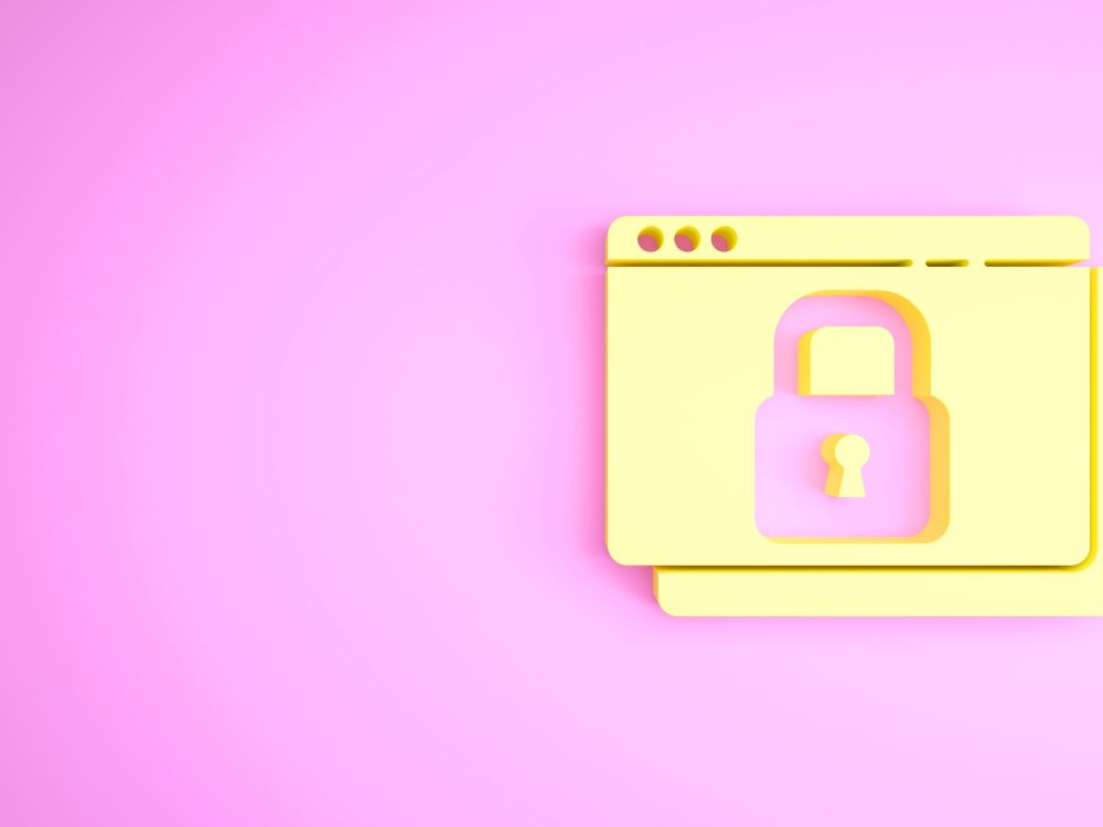 Ícone de navegador com cadeado amarelo sobre fundo rosa, representando segurança digital e a importância do SSL para sites.