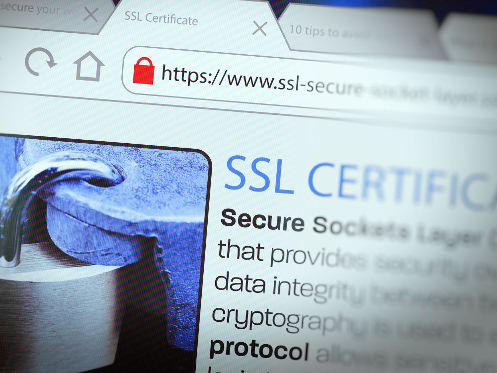 Tela de navegador exibindo certificado SSL com cadeado, evidenciando a importância do SSL para criptografia e proteção de dados.