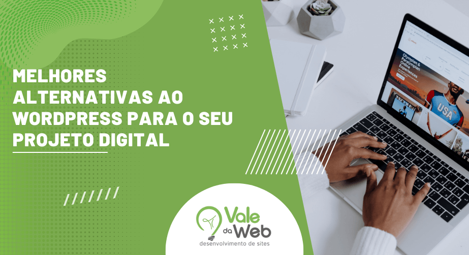 Arte de capa sobre alternativas ao WordPress com notebook exibindo site em desenvolvimento.