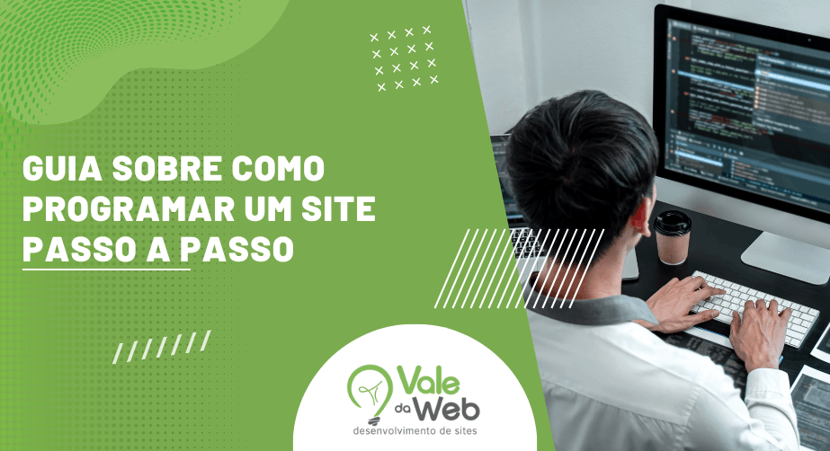 Arte de capa sobre como programar um site passo a passo com desenvolvedor trabalhando em computador.