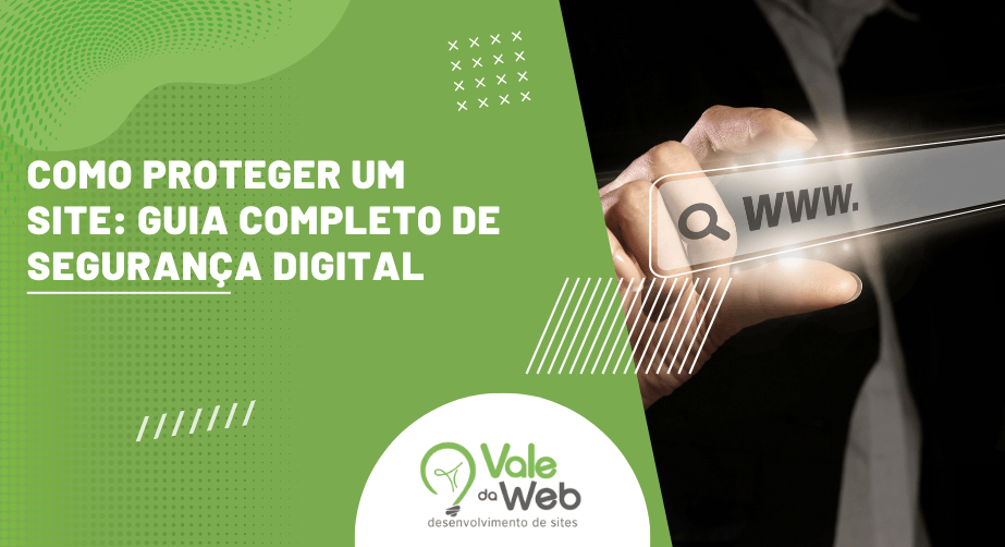Arte gráfica apresenta o título sobre como proteger um site e mostra uma barra de endereço virtual em destaque.