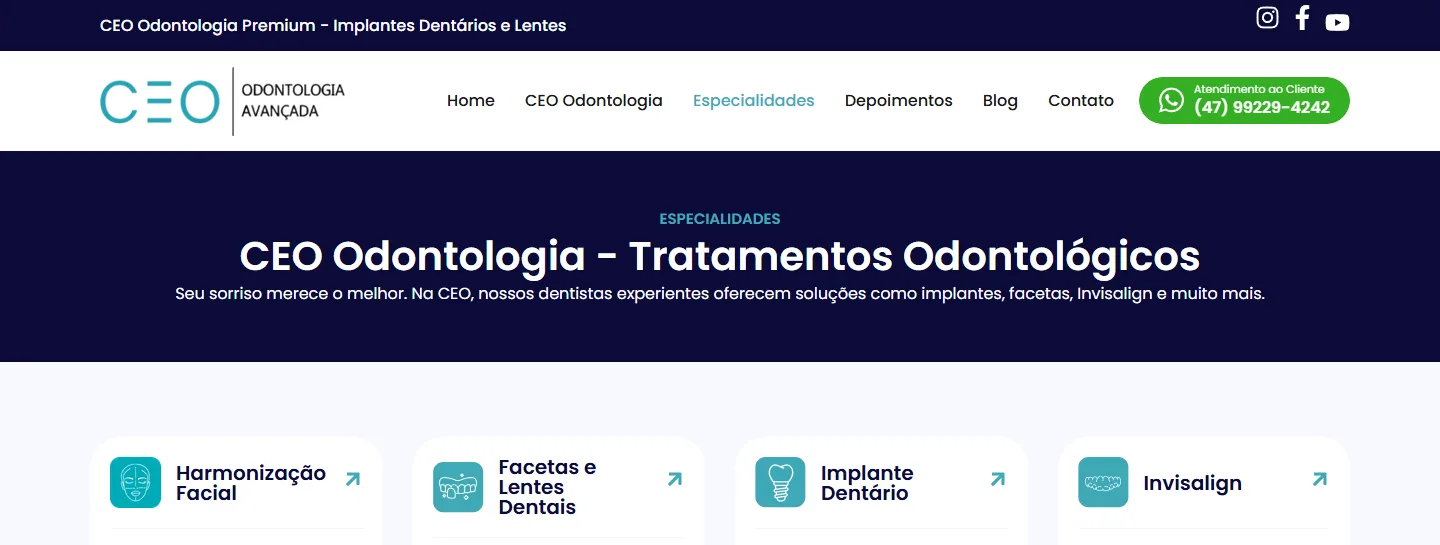 Exemplo de site institucional de clínica odontológica: página de especialidades da CEO Odontologia Premium com um cartão por tratamento