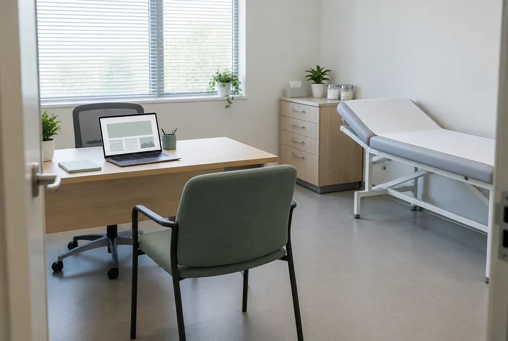 Consultório médico vazio e organizado, com notebook aberto sobre a mesa mostrando o site da clínica