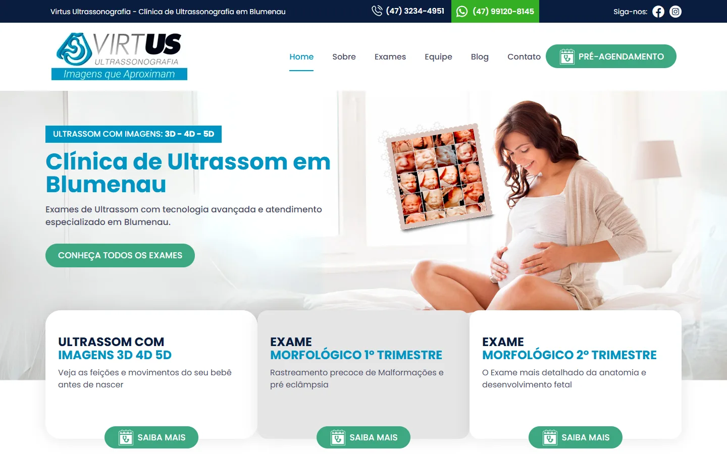 Site institucional de clínica de ultrassom: primeira tela do site da Virtus Ultrassonografia com os exames em destaque